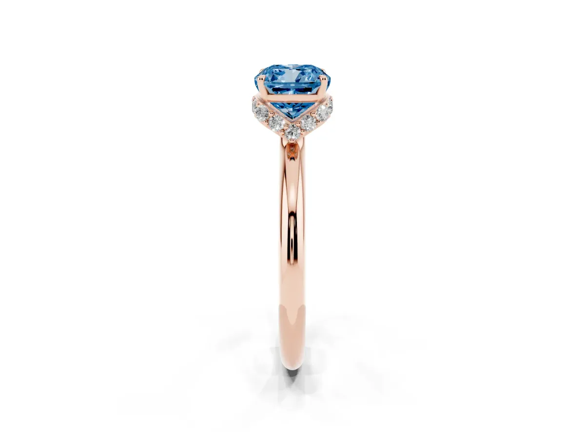 Fancy Blue Cushion Cut Brilliant Solitaire Engagement Ring with Six-Prong Setting and Classic Band Rose gold