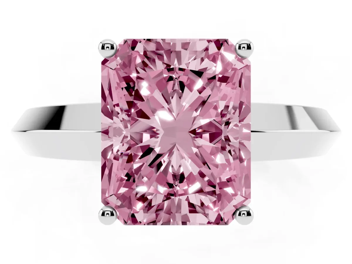 Fancy Pink Radiant Cut Cut Solitaire Engagement Ring with Flat Band and Four-Prong Setting Platinum