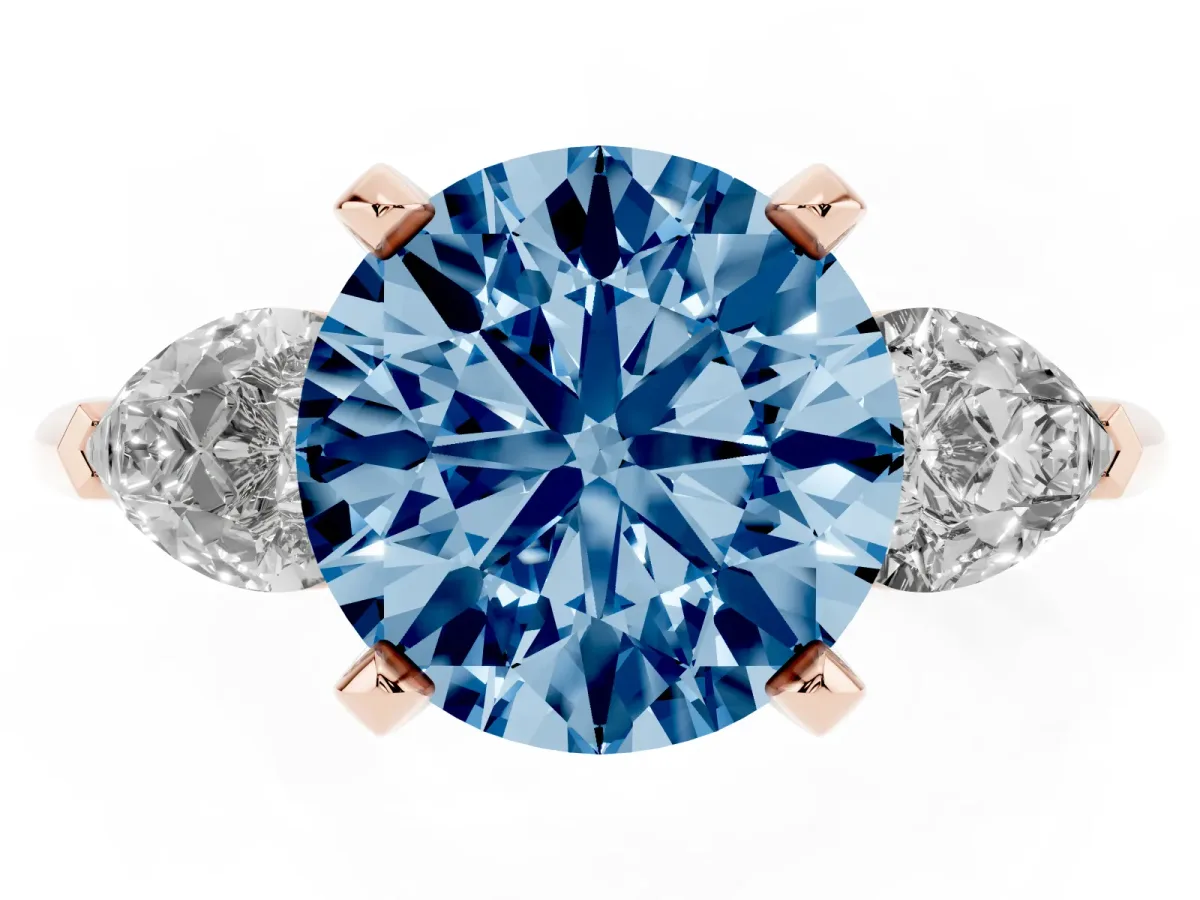 Fancy Blue Three-Stone Round Cut Diamond Ring with Pear Side Stones and Four-Prong Setting Rose gold