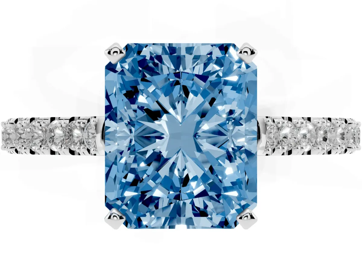 Fancy Blue Radiant Cut Cut Solitaire Diamond Engagement Ring with Pave Band and Four-Prong Setting White gold