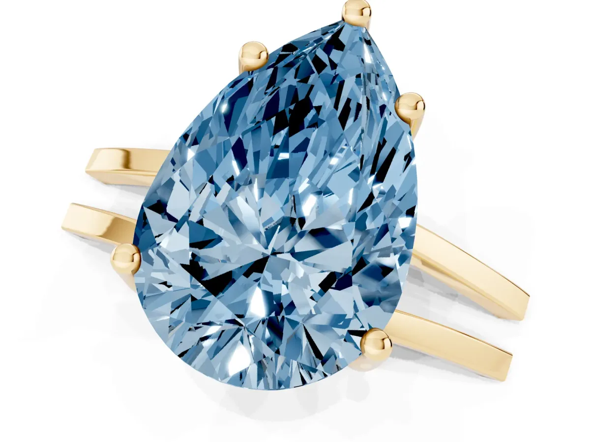 Fancy Blue Pear Cut Cut Diamond Solitaire Engagement Ring with Tapered Plain Band and Four-Prong Setting Yellow gold