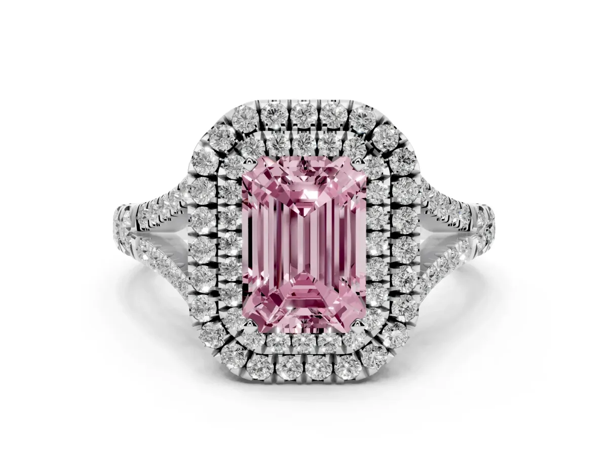 Fancy Pink Emerald Cut Diamond Pavé Split Shank Double Halo Engagement Ring Platinum