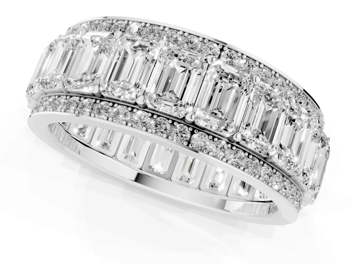 Emerald Cut and Round Diamond Multi-Row Mens Band Platinum
