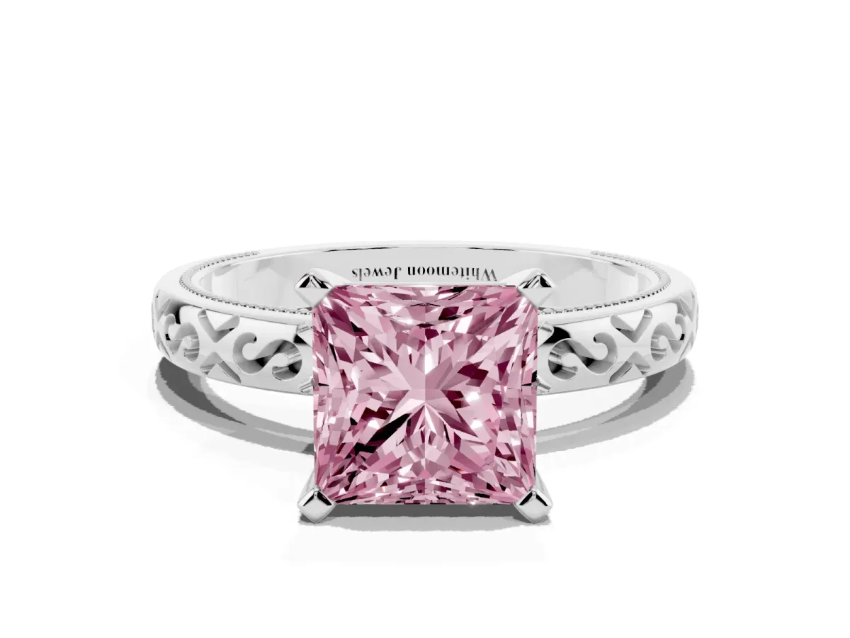 Fancy Pink Princess Cut Solitaire Engagement Ring with Scrollwork Band and Four-Prong Setting Silver