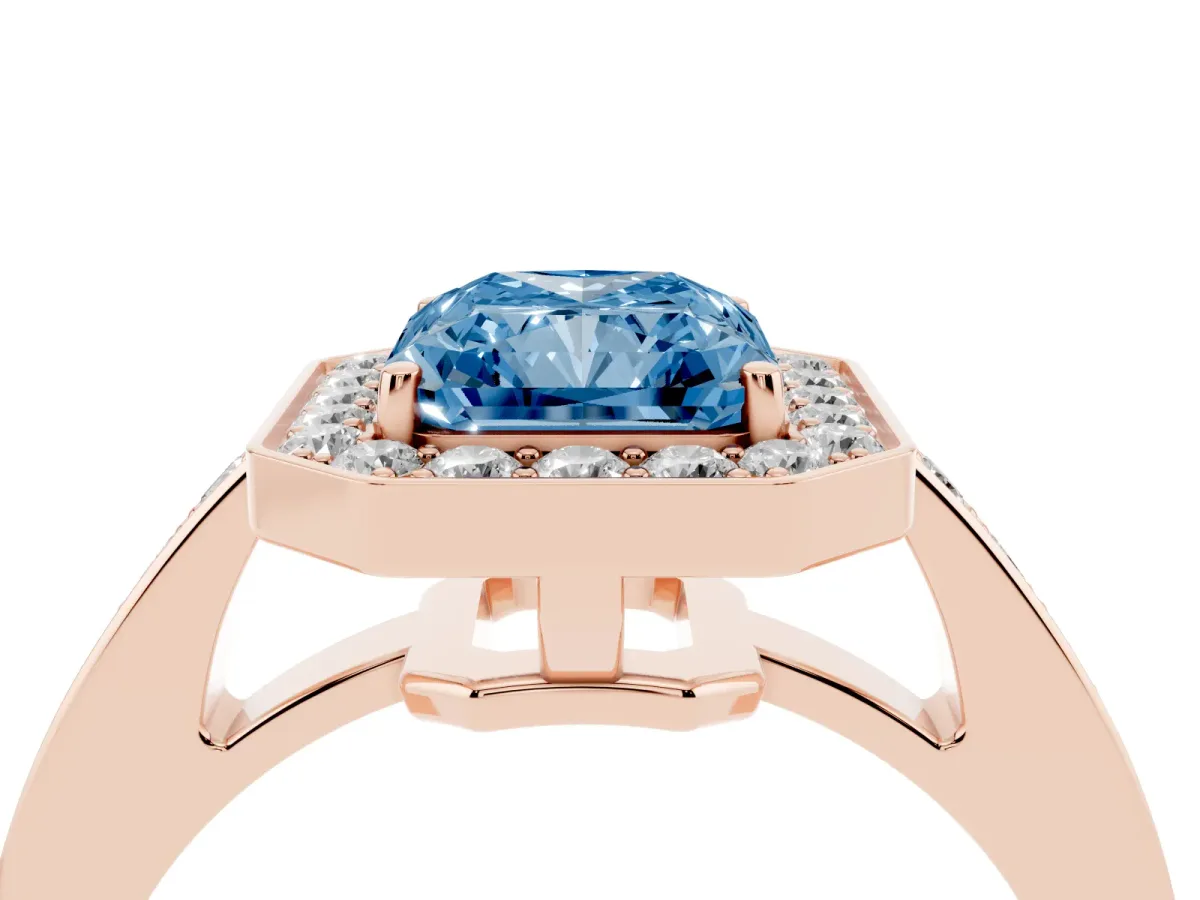 Fancy Blue Radiant Cut Halo Pavé Diamond Engagement Ring with Bezel Setting Rose gold