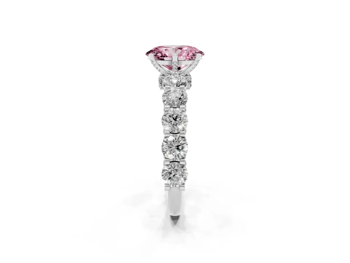 Fancy Pink Oval Cut Diamond Side Stone Engagement Ring with Four-Prong Setting Silver
