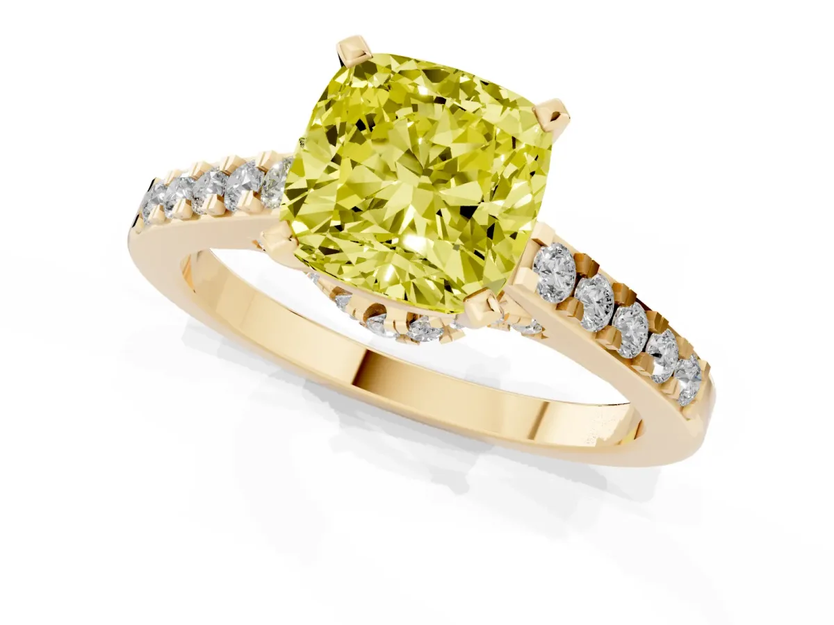 Fancy Yellow Cushion Cut Diamond Solitaire Ring with Crossover Gallery and Round Pavé Band Yellow gold