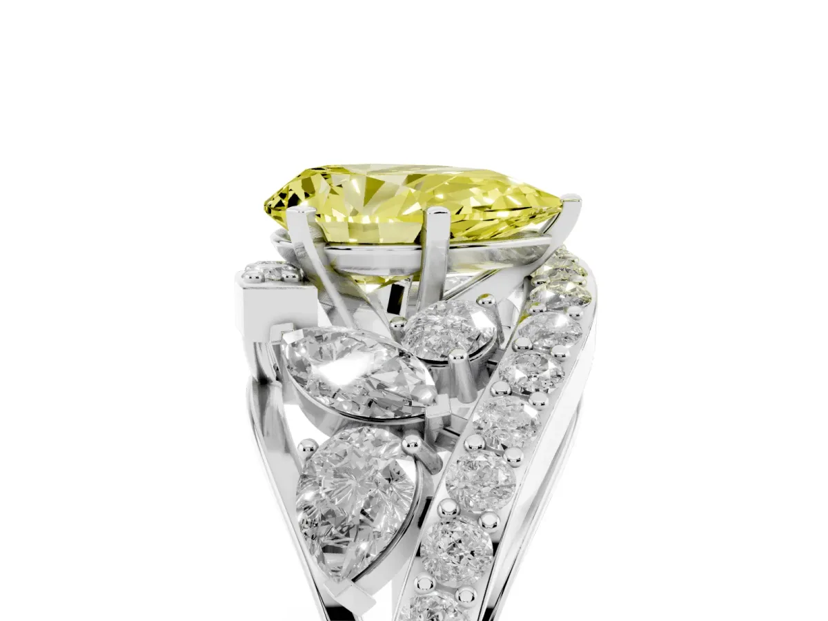 Fancy Yellow Pear Cut Diamond Halo Ring with Marquise and Pavé Band in Prong Setting Platinum