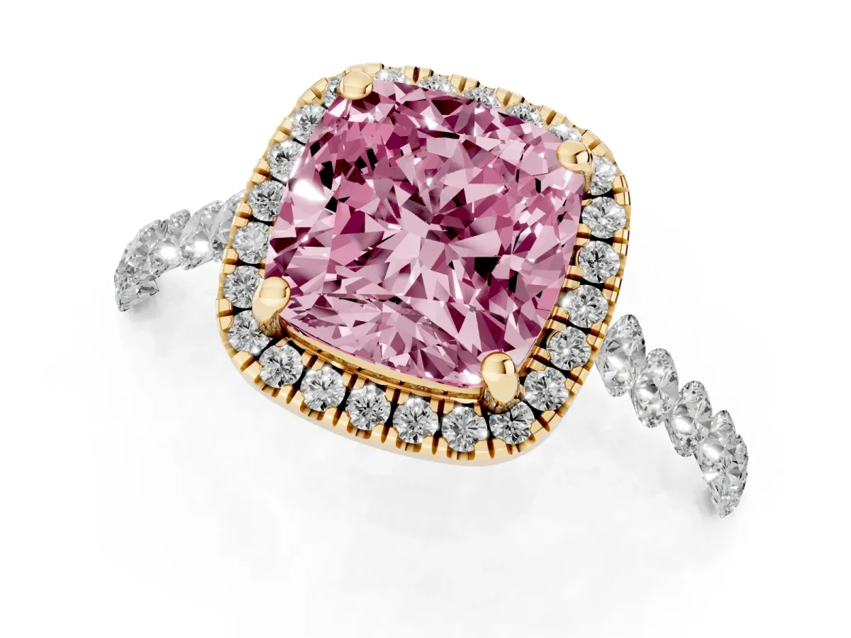 Fancy Pink Cushion Cut Halo Pavé Diamond Engagement Ring with Four-Prong Setting Yellow gold