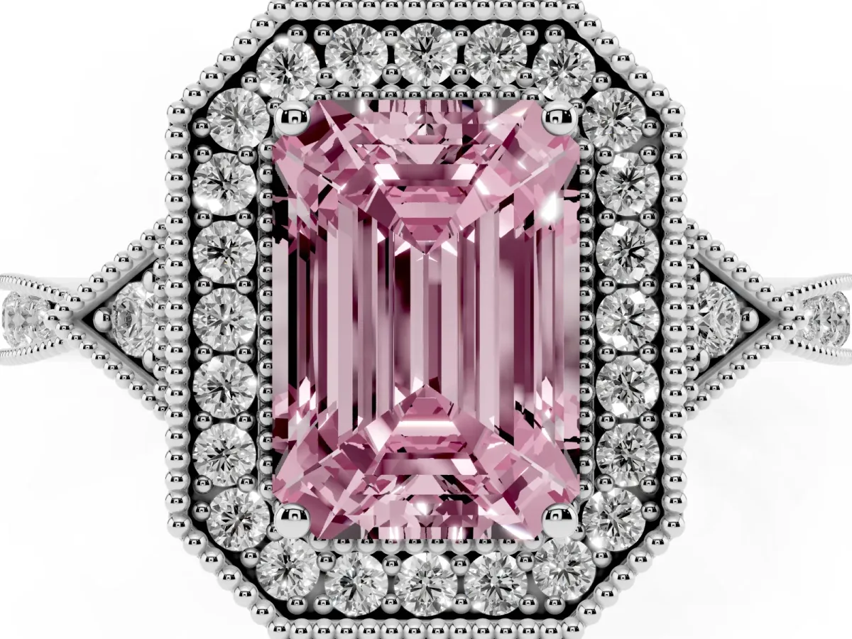 Fancy Pink Emerald Cut Halo Round Diamond Milgrain Pave Engagement Ring Silver