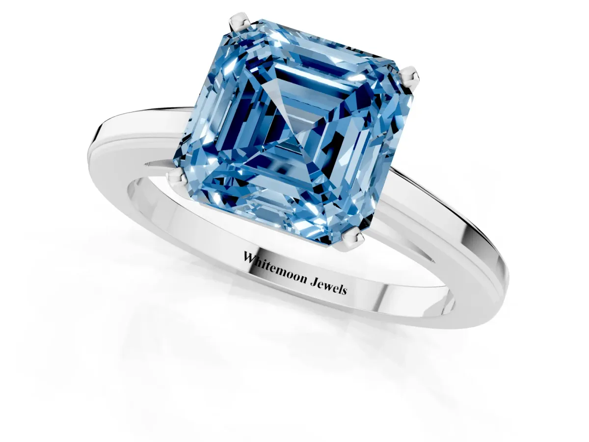 Fancy Blue Asscher Cut Solitaire Diamond Ring with Four-Prong Setting and Classic Band White gold