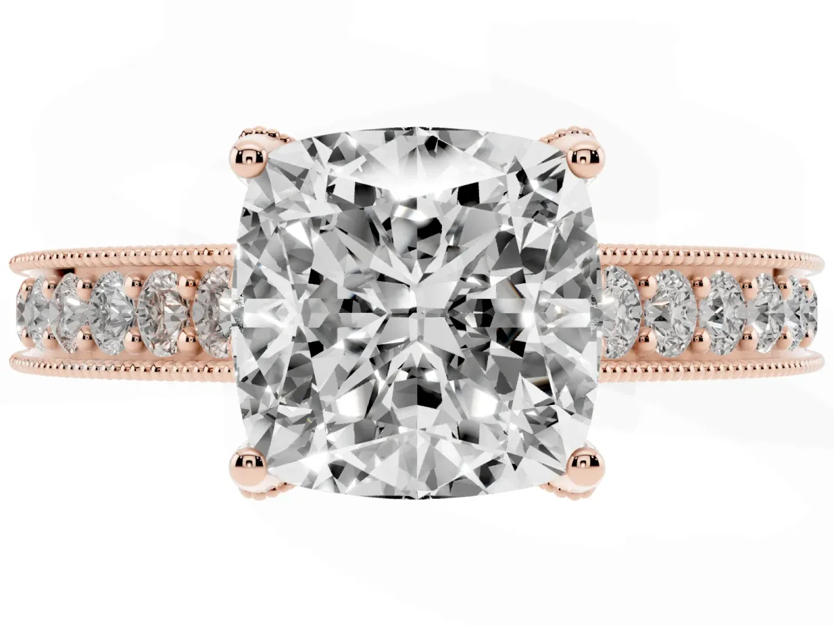Cushion Cut Cut Diamond Solitaire Ring with Milgrain Pave Band and Four Prong Setting Rose gold