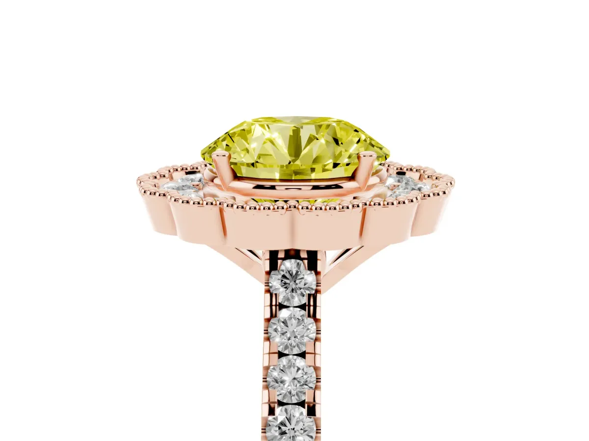 Fancy Yellow Round Cut Cut Diamond Milgrain Floral Halo Engagement Ring with Pavé Band Rose gold