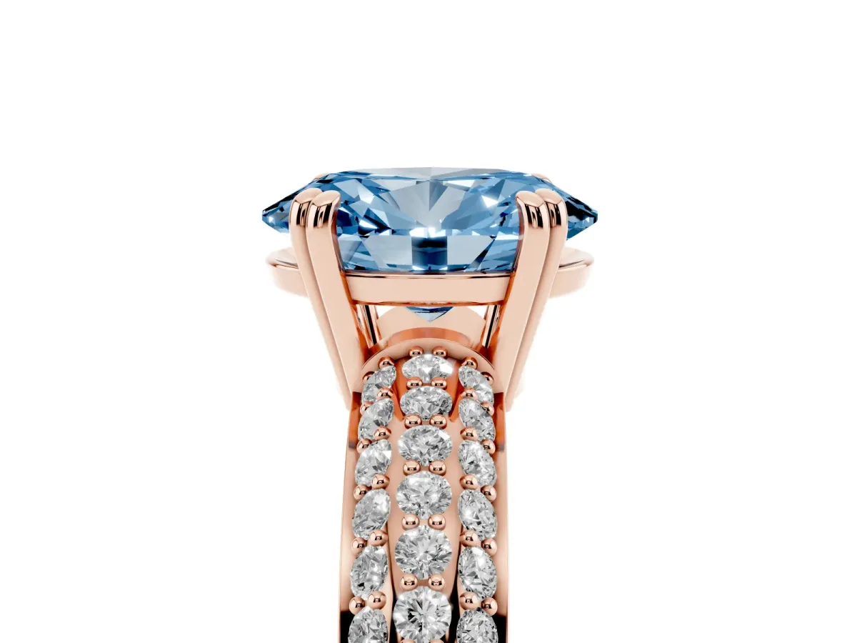 Fancy Blue Oval Cut Diamond Solitaire Ring with Multi-Row Round Pavé Band and Prong Setting Rose gold