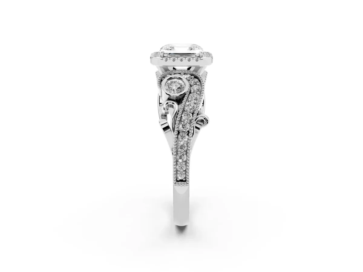 Asscher Cut Halo Diamond Ring with Milgrain and Bezel Accents on a Split Shank Band Platinum