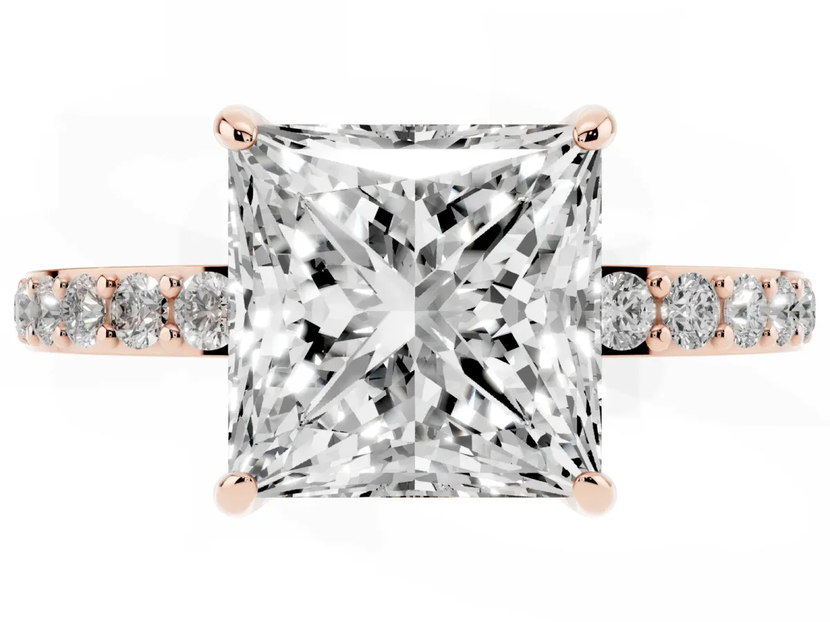 Princess Cut Diamond Solitaire Engagement Ring with Pavé Band and Four-Prong Setting Rose gold