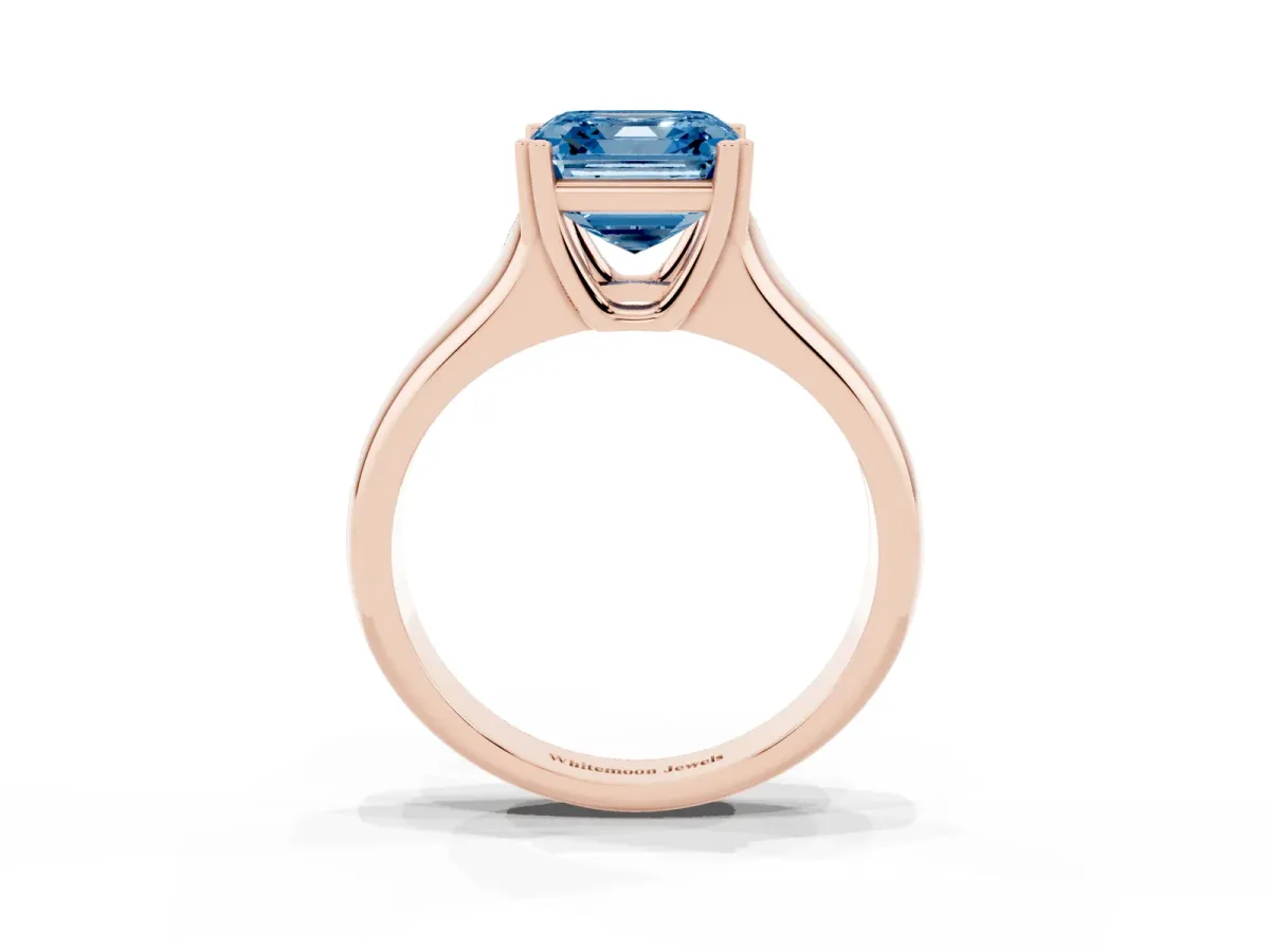Fancy Blue Asscher Cut Diamond Solitaire Ring with Wide Band and Prong Setting Rose gold