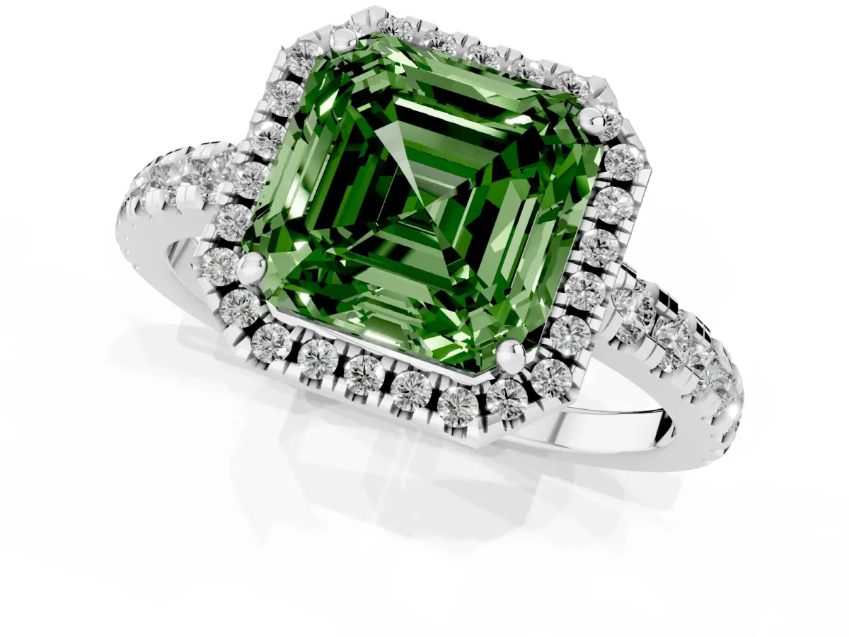 Fancy Green Asscher Cut Diamond Halo Ring with Pavé Band and Four-Prong Setting Platinum