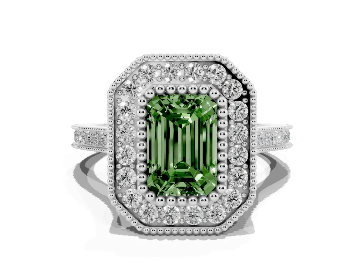 Fancy Green Emerald Cut Diamond Halo Ring with Milgrain Frame and Pavé Band Silver