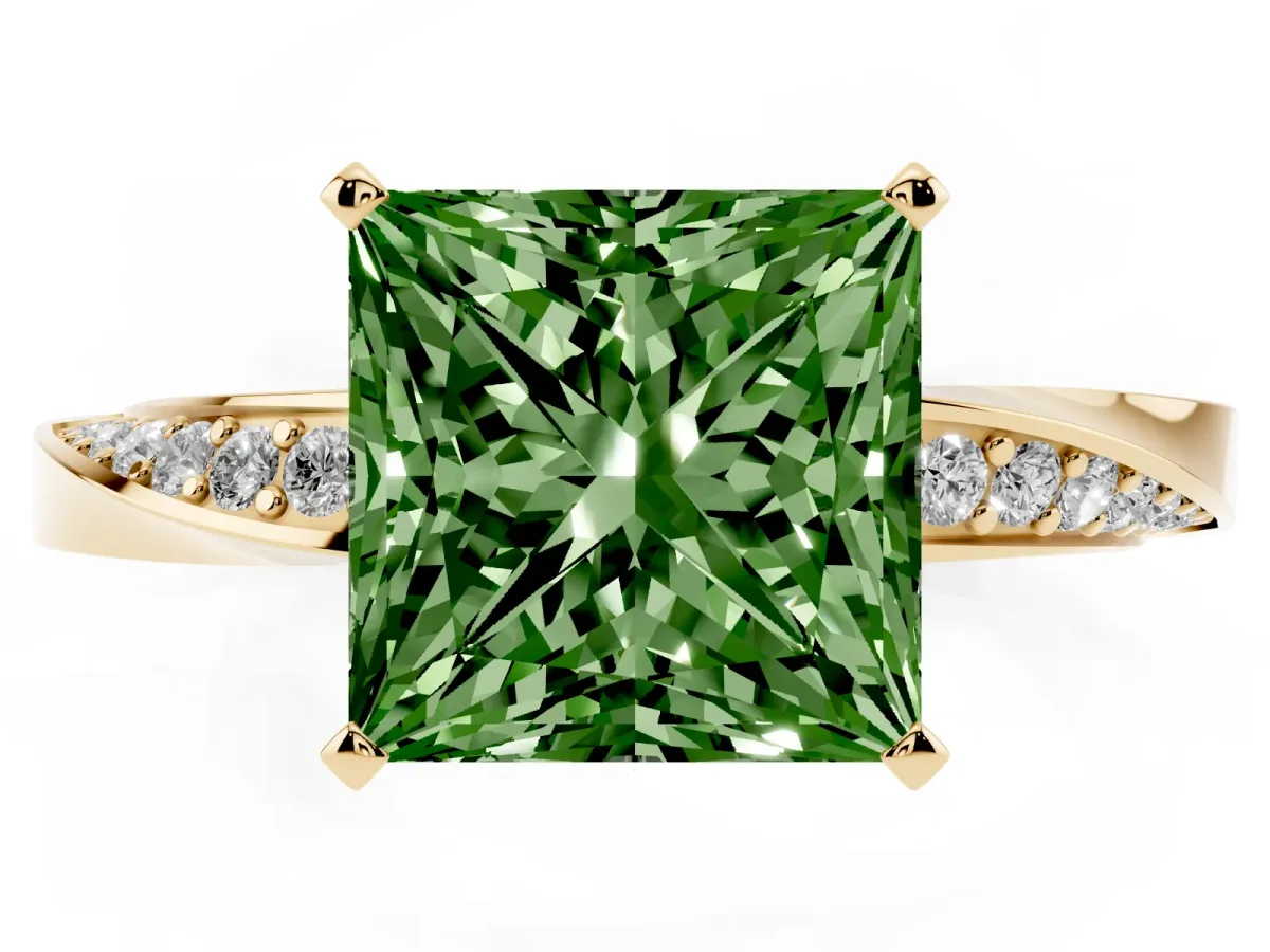 Fancy Green Princess Cut Diamond Engagement Ring with Side Stone Accents and Four-Prong Setting Yellow gold