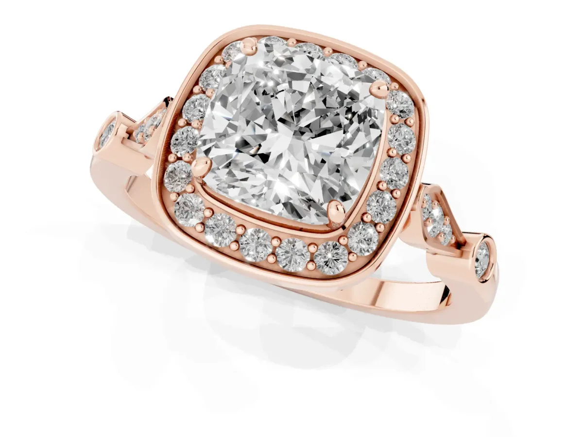 Cushion Cut Halo Diamond Engagement Ring with Twisted Band and Four-Prong Setting Rose gold