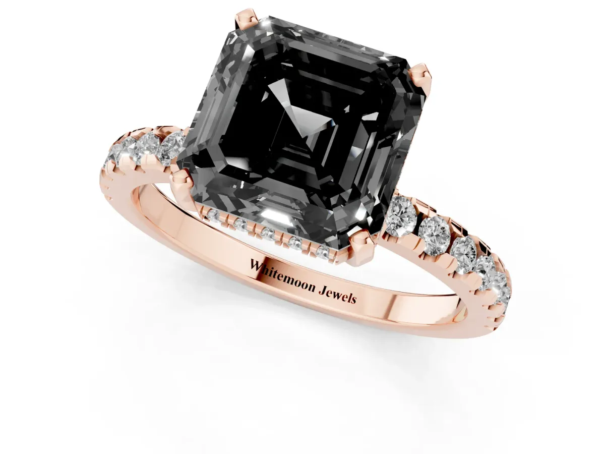Fancy Black Asscher Cut Diamond Solitaire Ring with Round Pavé Band and Four-Prong Setting Rose gold
