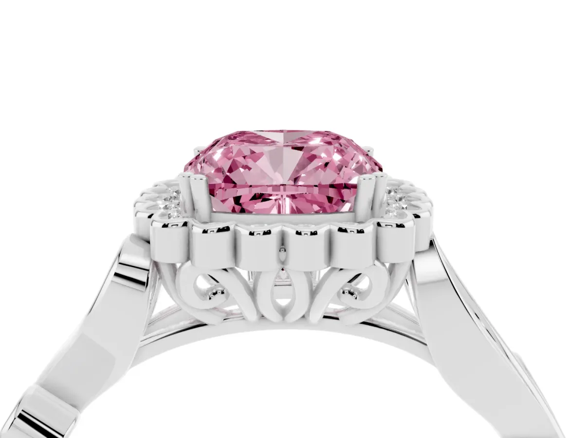 Fancy Pink Cushion Cut Diamond Halo Ring with Vintage Split Shank and Four-Prong Setting Silver