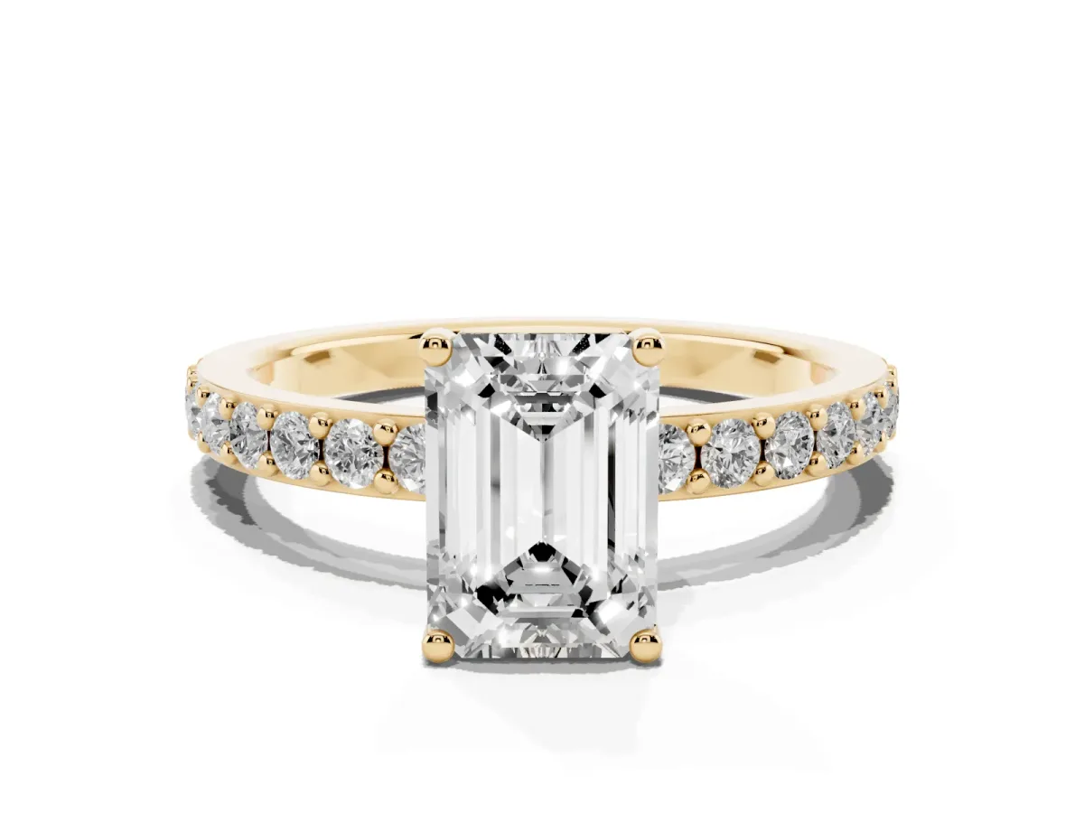 Emerald Cut Cut Diamond Solitaire with Pave Band and Four-Prong Setting Yellow gold