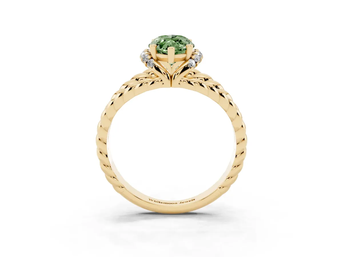 Fancy Green Marquise Cut Halo Twisted Band Four-Prong Ring Yellow gold