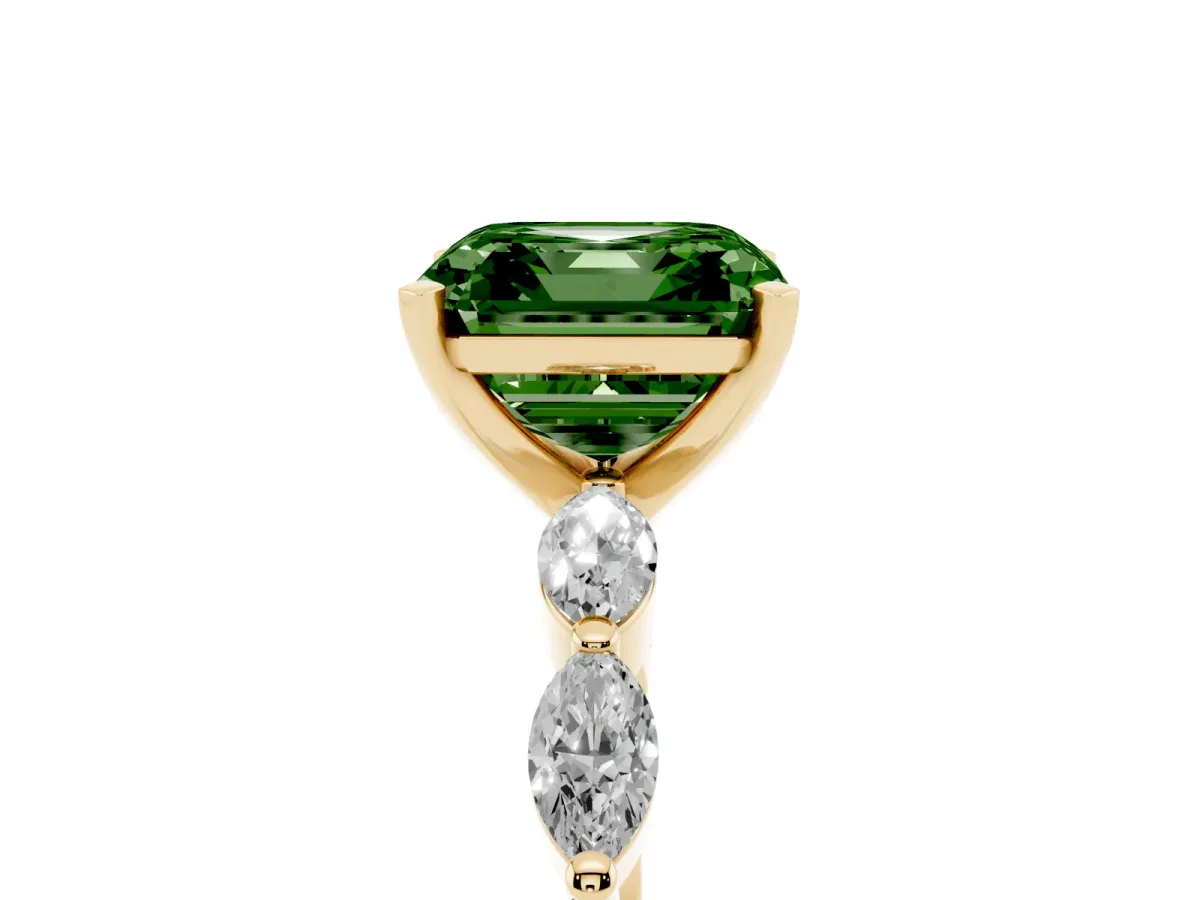 Fancy Green Asscher Cut Diamond Ring with Marquise Side Stones and Prong Setting Yellow gold