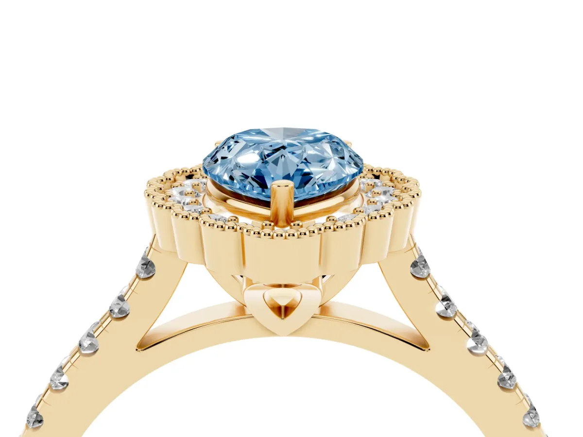 Fancy Blue Pear Cut Cut Diamond Milgrain Floral Halo Engagement Ring with Pavé Band Yellow gold