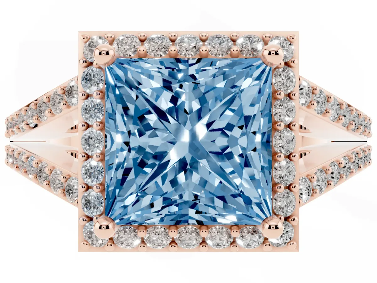 Fancy Blue Princess Cut Halo Split Shank Pave Diamond Ring with Four-Prong Setting Rose gold