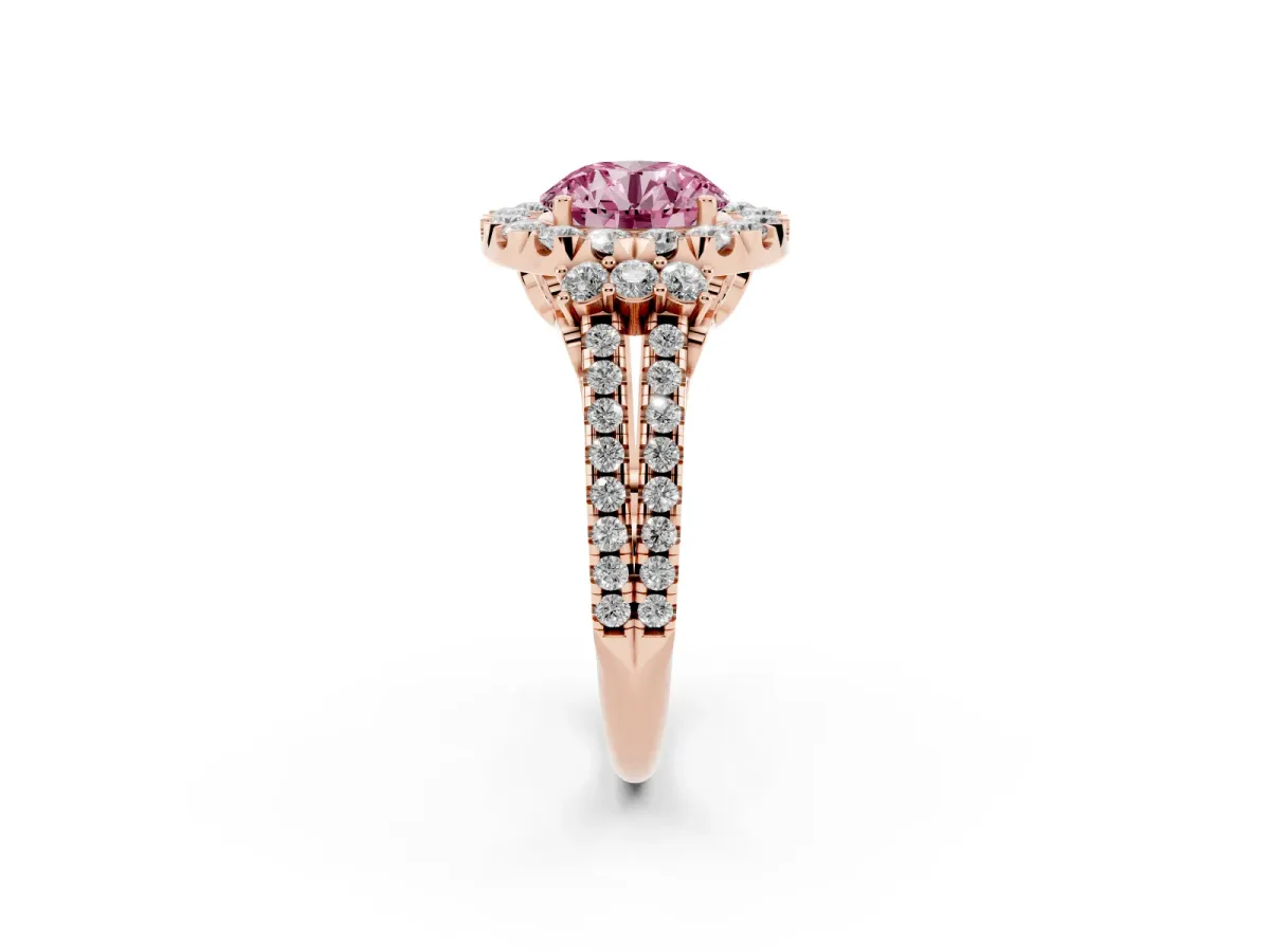 Fancy Pink Round Cut Cut Double Halo Diamond Engagement Ring with Pave Band and Four-Prong Setting Rose gold