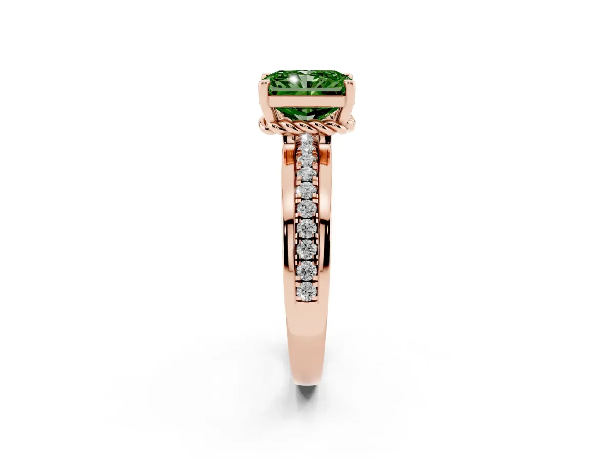 Fancy Green Radiant Cut Solitaire Diamond Ring with Channel Set Band and Six-Prong Setting Rose gold