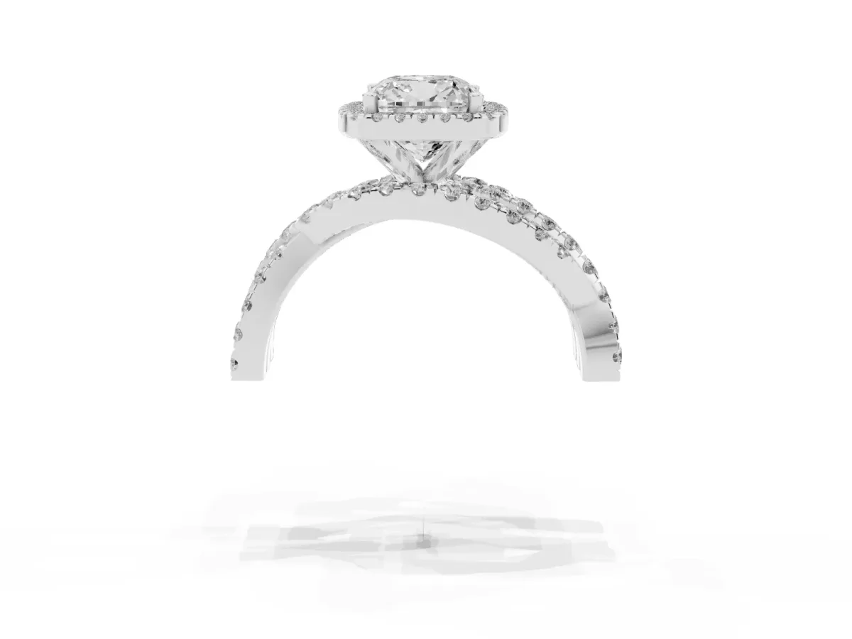 Cushion Cut Diamond Halo Ring with Round Split Shank and Prong Setting Platinum