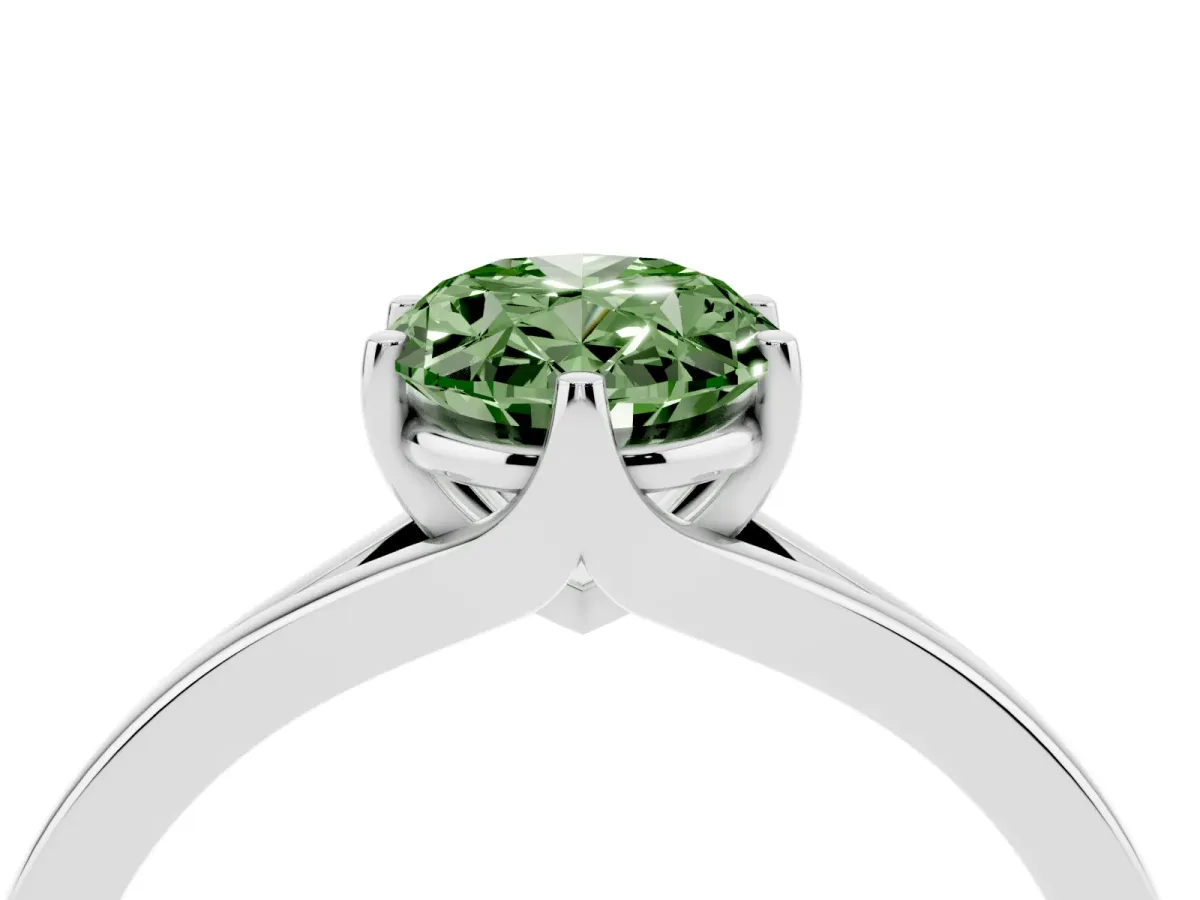 Fancy Green Oval Cut Solitaire Diamond Ring with Six-Prong Setting and Tapered Band Silver