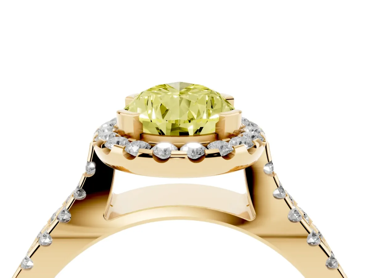 Fancy Yellow Pear Cut Diamond Halo Ring with Split Shank Pavé Band and Prong Setting Yellow gold