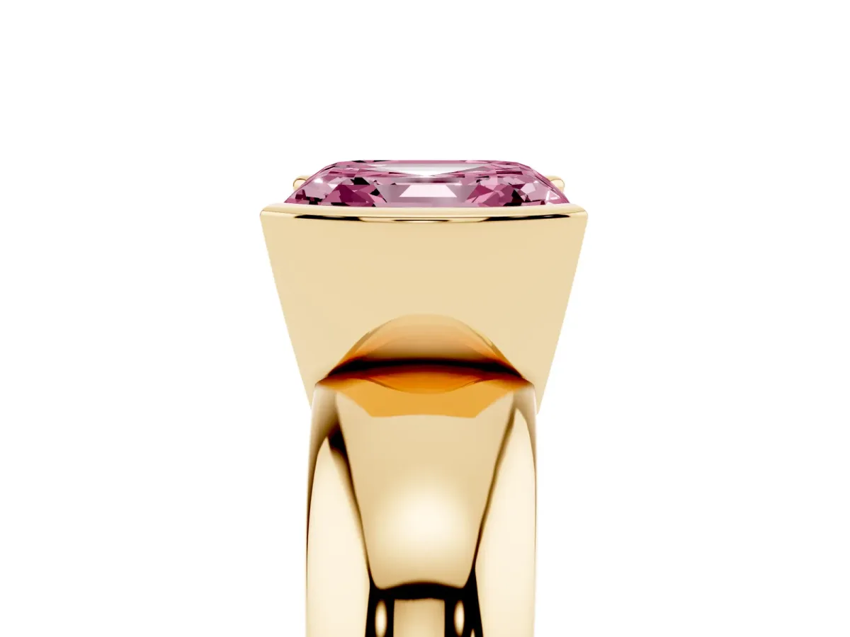 Fancy Pink Asscher Cut Solitaire Tension Set Diamond Ring with Wide Band Yellow gold