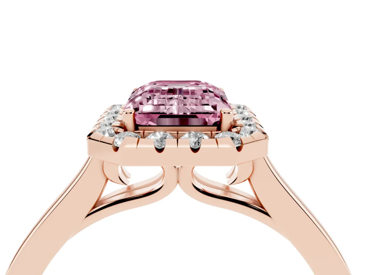Fancy Pink Emerald Cut Halo Round Diamond Solitaire Ring with Pavé Band and Four-Prong Setting Rose gold