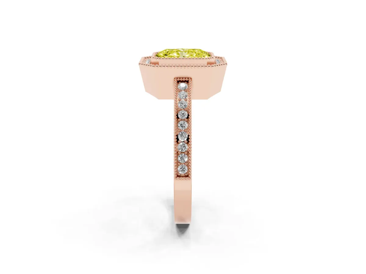 Fancy Yellow Radiant Cut Cut Halo Diamond Ring with Pavé Band and Milgrain Prong Setting Rose gold