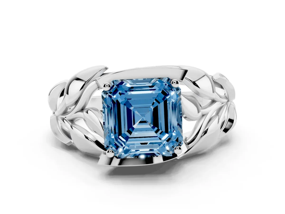 Fancy Blue Asscher Cut Diamond Leaf-Inspired Engagement Ring with Round Accents and Prong Setting Silver