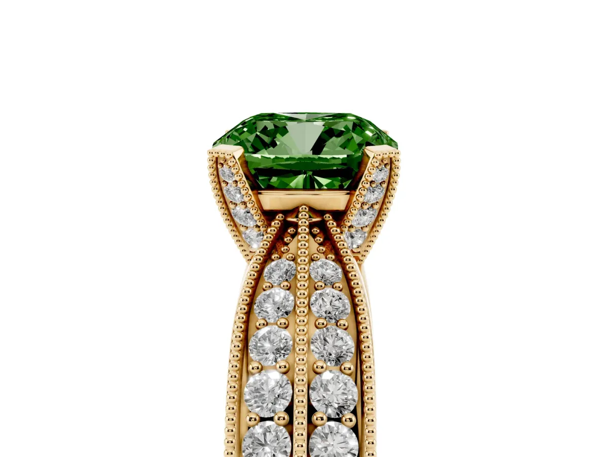 Fancy Green Cushion Cut Diamond Solitaire Ring with Milgrain Round Pavé Band and Prong Setting Yellow gold