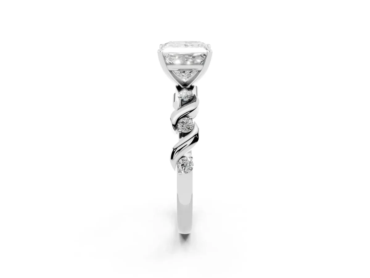 Princess Cut Diamond Solitaire Twisted Band with Round Accents and Prong Setting White gold