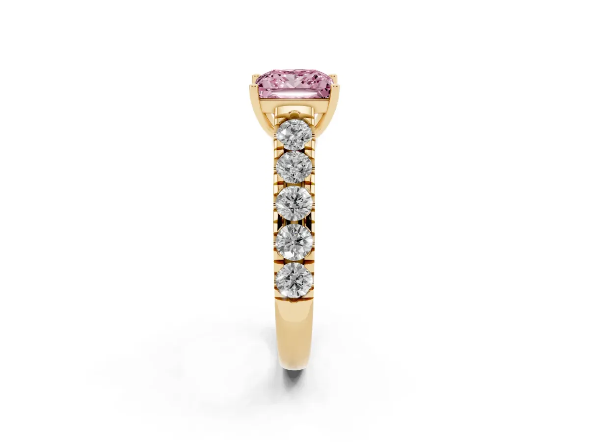 Fancy Pink Princess Cut Cut Diamond Solitaire Ring with Micro Pave Band and Prong Setting Yellow gold