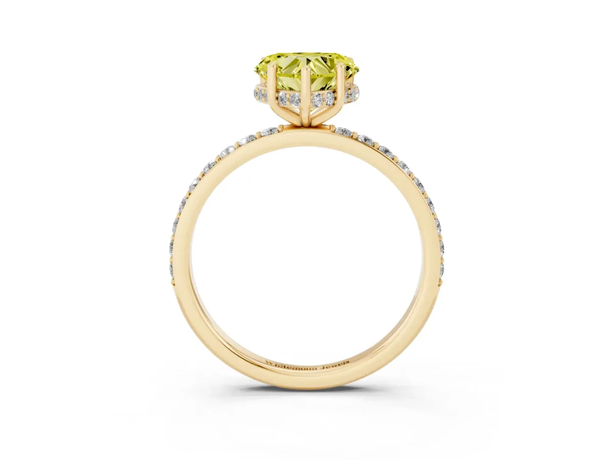 Fancy Yellow Heart Cut Diamond Solitaire Ring with Pavé Band and Hidden Halo Yellow gold