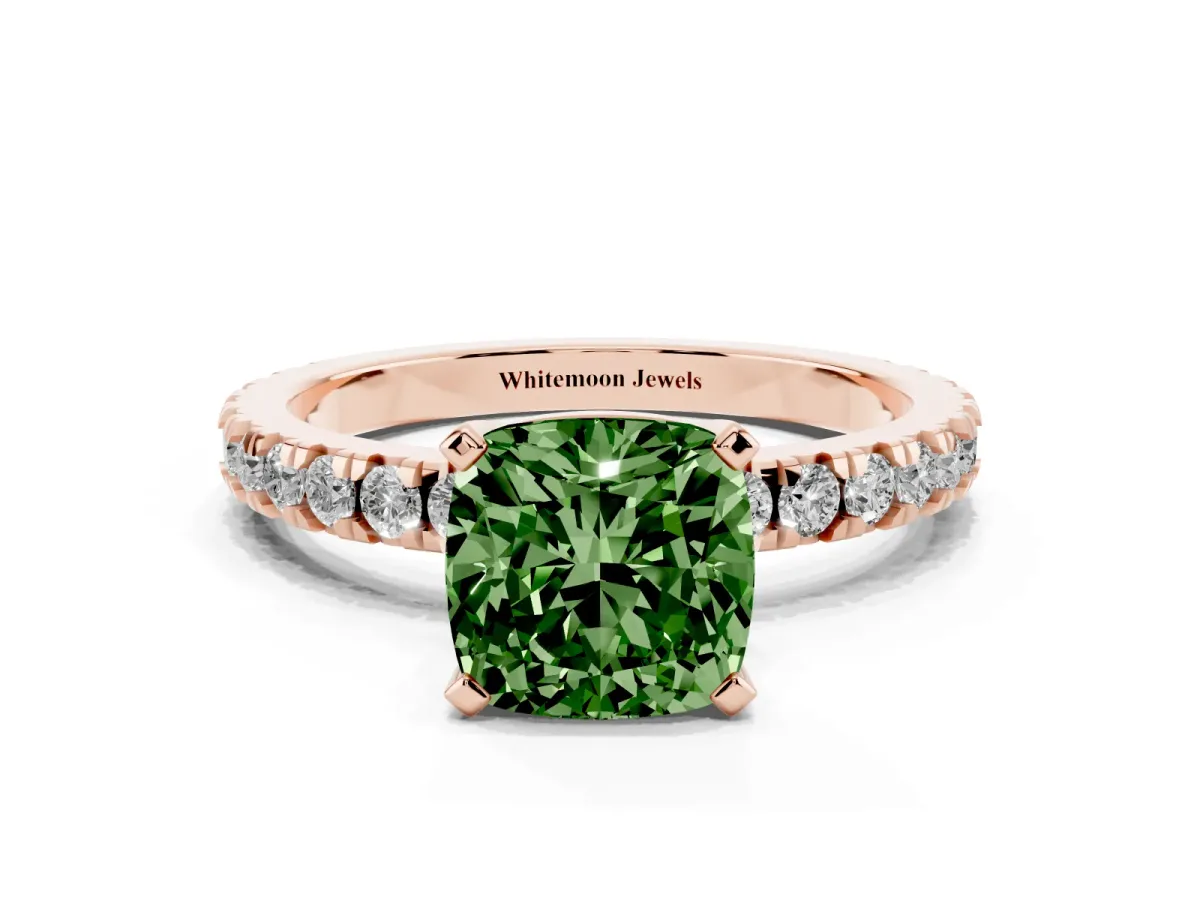 Fancy Green Cushion Cut Diamond Pavé Band Solitaire with Four-Prong Setting Rose gold
