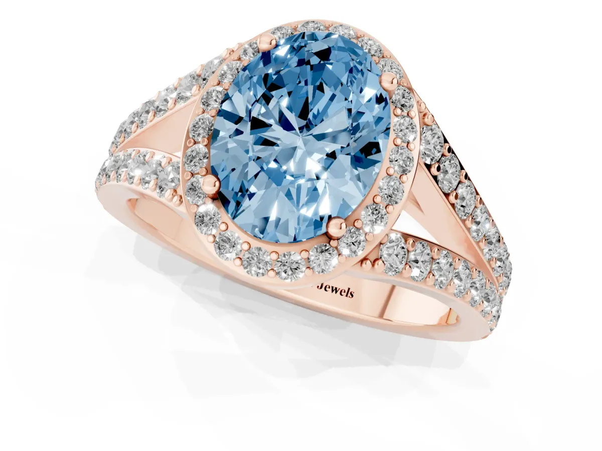 Fancy Blue Oval Cut Diamond Split Shank Halo Ring with Four-Prong Setting Rose gold