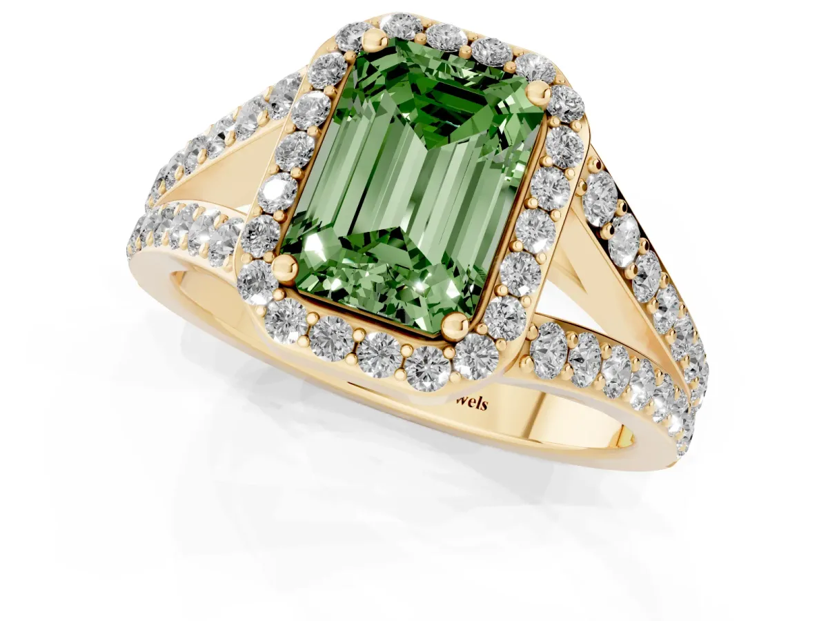 Fancy Green Emerald Cut Diamond Split Shank Halo Ring with Four-Prong Setting Yellow gold