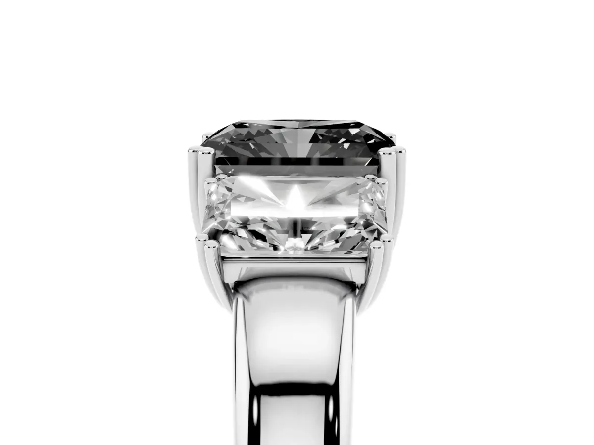 Fancy Black Three-Stone Radiant Cut Cut Diamond Ring with Channel Set Band and Four-Prong Setting Silver