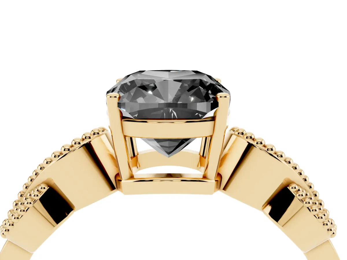 Fancy Black Cushion Cut Solitaire Milgrain Leaf Band with Prong Setting Yellow gold